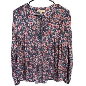 Love Stitch- Navy Pink Floral Semi-Sheer Long Bubble Sleeve Blouse Tassels, Sz L